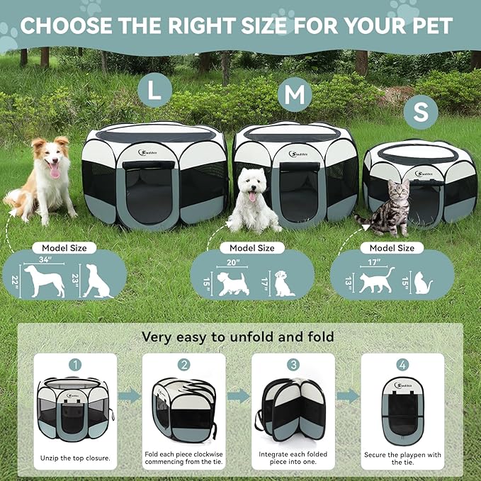 Dog Playpen with 2 Washable Pee Pad, Puppy Pet Cat Playpen Small AnimalsTent Crate Indoor/Outdoor, Portable Pop Up Kennel with Carrying Case(Grey with 2 Pads, Small)