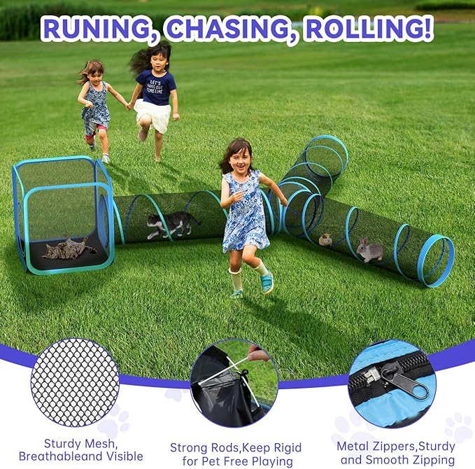 Outdoor Cat Enclosures for Cats Indoor, Patio Portable Mesh Cat Tunnel, Playhouse with Free Carry Bag for Multiple Cats and Small Animals, Blue + Black