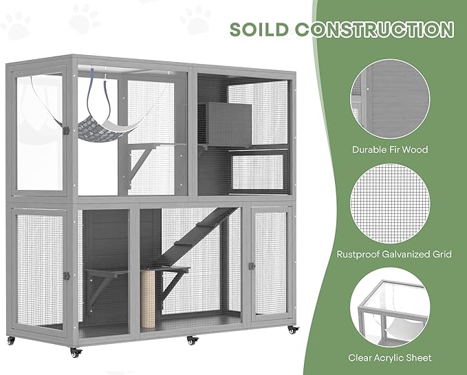 Catio Indoor Cat Enclosure on Wheels, 2-Tier Large Cat Catio for Multiple Cats, Wooden Kitty Cage with Resting Box, Platform, Sunshine Roof, Grey