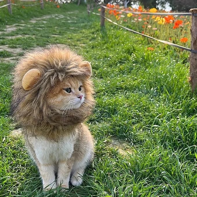 Lion Mane Wig for Cats, Adjustable Washable, Cat Lion Mane Wig for Halloween (Small)