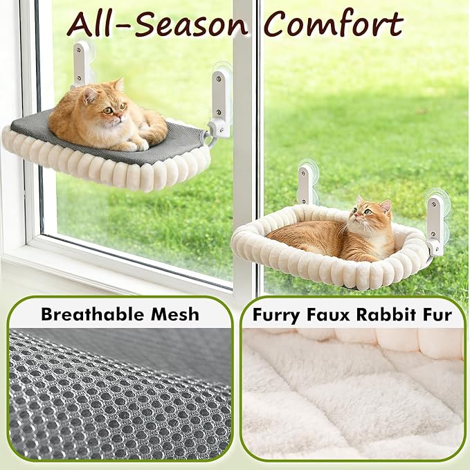 2PC Cat Window Perch with Bolster Foldable Cat Hammock Cushion Bed for Window with Metal Frame, Cloud-Cuddle Cordless Window Resting Seat for Indoor Cats (Cushion Bed, White-M)