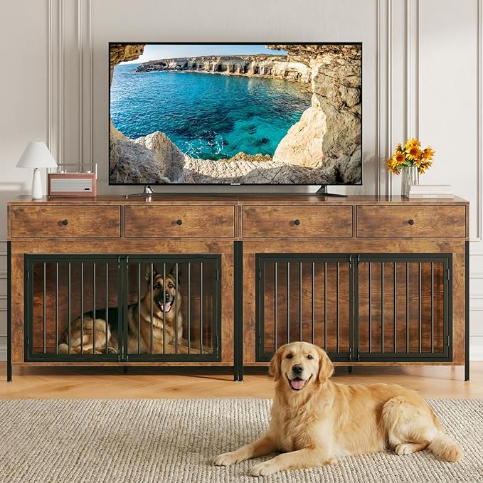 PUKAMI 44inch Large Dog Crate Furniture with Drawers, Wooden Dog Kennel Furniture for Indoor use, Brown End Table Dog House, for Small/Medium/Large Dog, 2-Pack Set