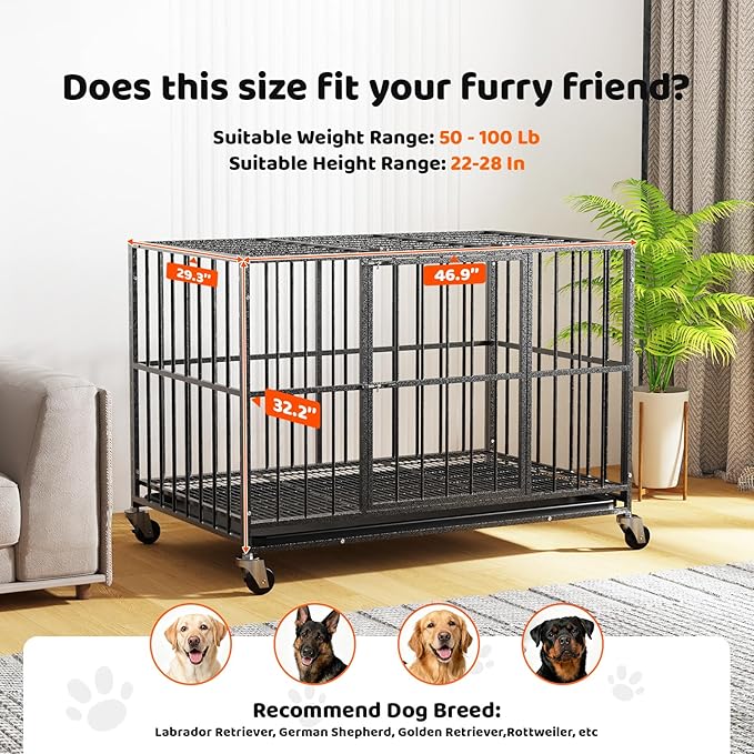 48 Inch Heavy Duty Dog Crate, Indestructible Escape-Proof Dog Kennel for High Anxiety Large Dogs, Strong Metal Pet Cage with Double Doors, Lockable Wheels & Removable Tray, XL XXL XXXL
