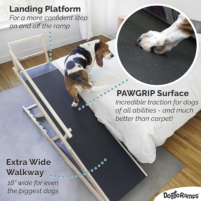 Large Dog Ramp for Bed, by DoggoRamps – Extra Wide Dog Ramp for Large Dogs to Get on High Beds up to 35" Tall – Wide Ramp with Rails, Platform & Non-Slip Grip – Made in N America from Solid Hardwood