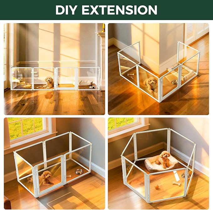FXW AuraSpace Pro Metal & Acrylic Indoor Dog Playpen, All-Acrylic Clear Heavy-Duty Design, 24" Height 6 Panels for Puppies & Small Dogs, White│Patented
