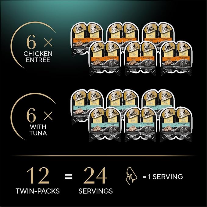 Sheba Perfect Portions Wet Cat Food Cuts in Gravy, Cat Food Wet Recipe, with Sustainable Tuna, Roasted Chicken Entree, 2.6 oz. Twin-Pack Trays (6 Count, 12 Servings) (Pack of 2)