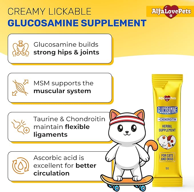 Glucosamine for Cats Maintains Strong Muscular System, Ligaments, Hips – Squeezable Cat Joint Supplement with Chondroitine, MSM, Taurine – Lickable Formula with Natural Beef Flavor in 10-Sticks Pack