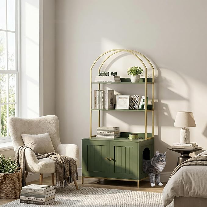 Homhedy Cat Litter Box Enclosure, Litter Box Furniture Hidden with 2-Tier Storage Shelves, Wooden Cat Washroom Furniture with Metal Frame, Modern Style, Green and Gold