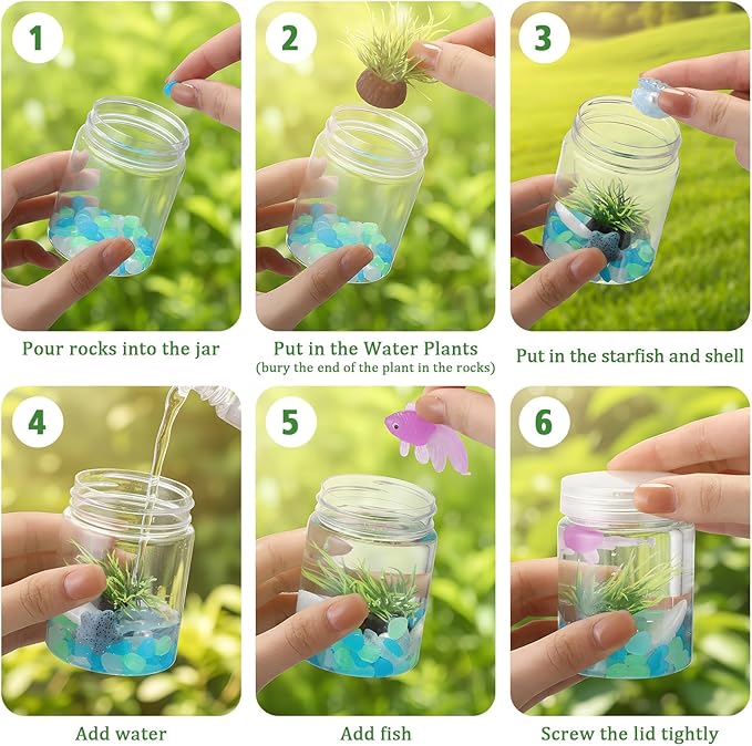 12 Set Fishbowl Craft Kit with Plastic Fish Bowl Floating Fake Goldfish Aquarium Plant Glow in The Dark Rock Seashell Mini Fish Tank Decoration Accessories for Party Supplies School Classroom