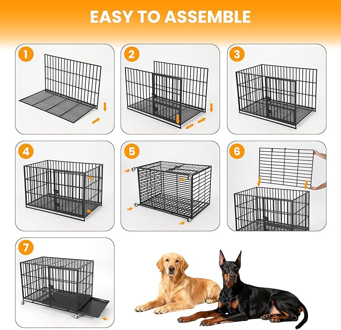 49 Inch Heavy Duty Dog Crate with Wheels, Escape Proof Metal Kennel with 3 Doors & Removable Tray for Large Medium Dogs, Black