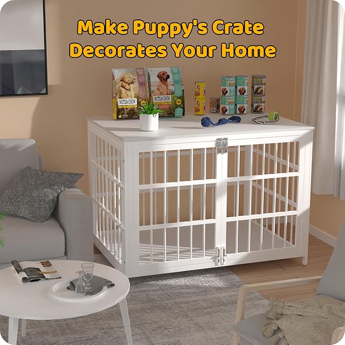 Heavy Duty Dog Crate Furniture – Indestructible Furniture Style Dog Kennel with Wooden Table Top, Escape-Proof Crate for High Anxiety Dogs, Decorative Indoor Pet House with Double Doors & Secure Locks