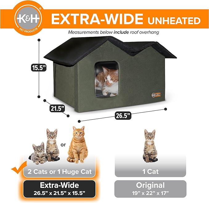K&H Pet Products Extra-Wide Outdoor Cat House for Outside Pets, Weatherproof Outdoor House for Large Cats, Insulated Kitty Shelter, 2 Doors, Waterproof Removable Floor Pad, Unheated - Olive