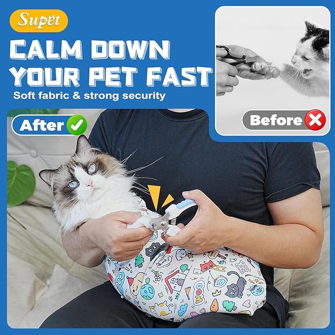Supet Cat Grooming Wrap for Cutting Nails, 2026 Self-Adherent Anti-Escape Calming Cat Swaddle Wrap for Medicine, Nail Clipping, Teeth Brushing, Ear Cleaning (Cartoon, M)
