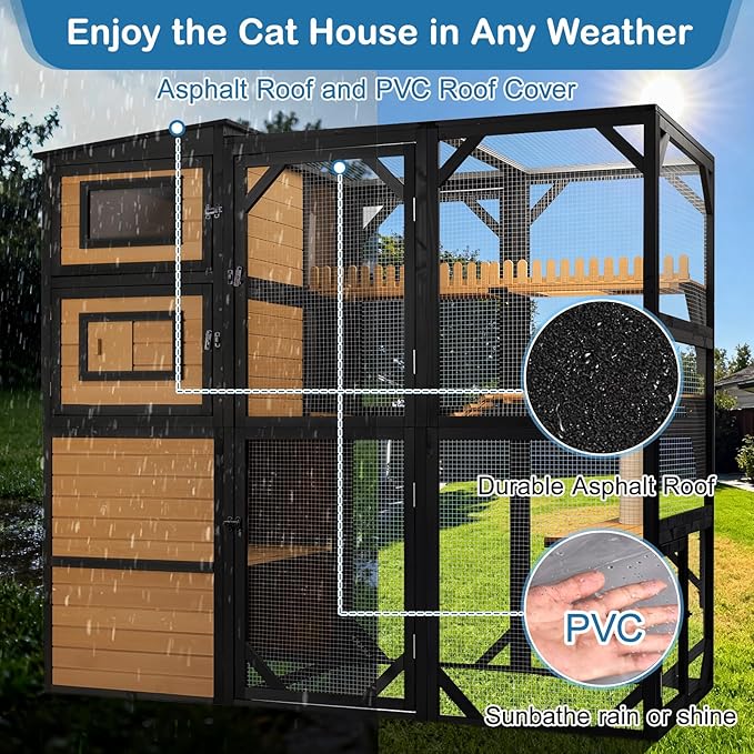 Large Cat Catio Outdoor 4 Tiers Cat Enclosure Window Access, Walk-in Cat Cage Cat House for Multiple Indoor Outdoor Cats, Outside Patio 5 Doors Weatherproof Asphalt Roof & PVC Canopy Roof