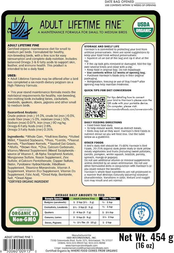 Harrison's Bird Foods Bird Food Adult Lifetime Fine Certified Organic Non-GMO Formula Bird Food 1lb
