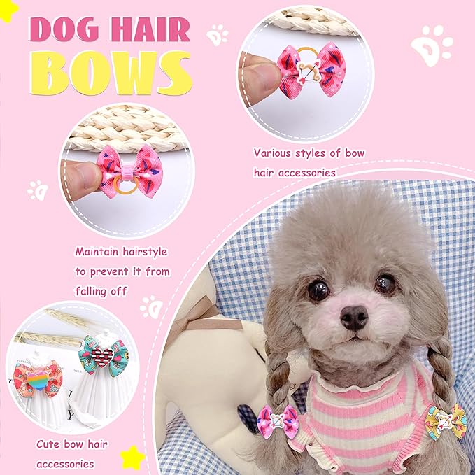 40PCS Christmas Dog Bows Cute Puppy Dog Small Bowknot Hair Bows with Rubber Bands Small Hairs Bowknot Pet Hair Accessories Pet Grooming Accessories for Party (Mixcolors)