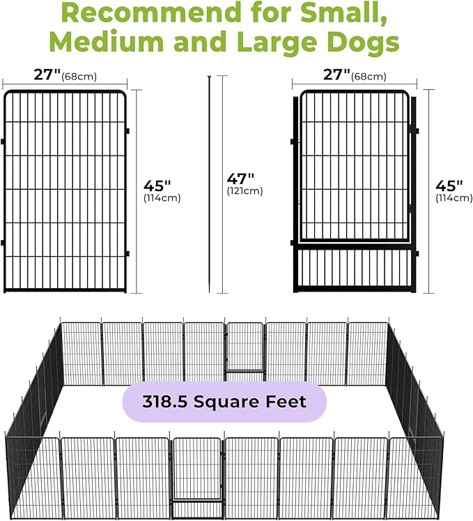 SunsGrove Dog Playpen with Wider Door, Heavy Duty Dog Pen, Anti Rust Dog Fence, Easy Insert into Soil, Pet Playpen for Yard RV Camping (45 inch, 32 Panels)