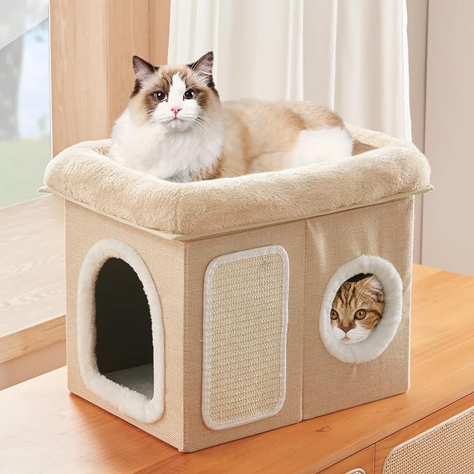 WINDRACING Cat Beds for Indoor Cats - Cat House for Pet and Foldable Cat Cave Bed with Scratch Pad, Cat Hideaway Condo for Kitten, 16.9x12.8x14.2 inches, Beige