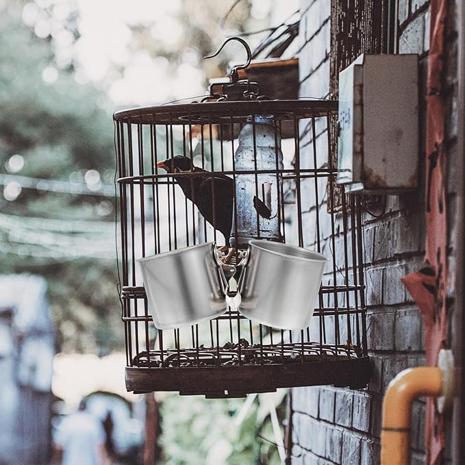 POPETPOP 2pcs Stainless Steel Bird Feeder Bowls with Clamp 5.5cm and 7cm Feeding Cups for Parrots and Small Birds for Feeding and Watering Supplies