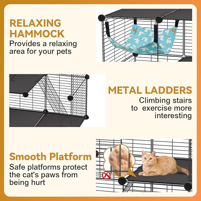 Cat Cage, 3-Tier DIY Catio Cat Enclosures, 36" x 16" x 36" Cat Playpen Indoor & Outdoor with Hammock, Detachable Metal Wire Kennel Cats Crate, 3x1x3 Exercise Place for 1-2 Kitten/Squirrel