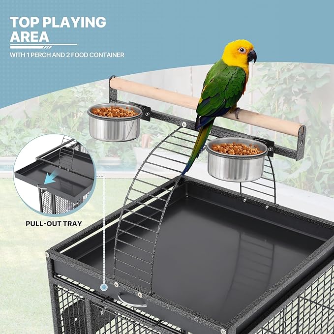 MoNiBloom 61 Inch Large Bird Cage with Rolling Stand, Wrought Steel Flight Birdcage w/Play Top for Parakeets Cockatiels Lovebird Budgie, Black