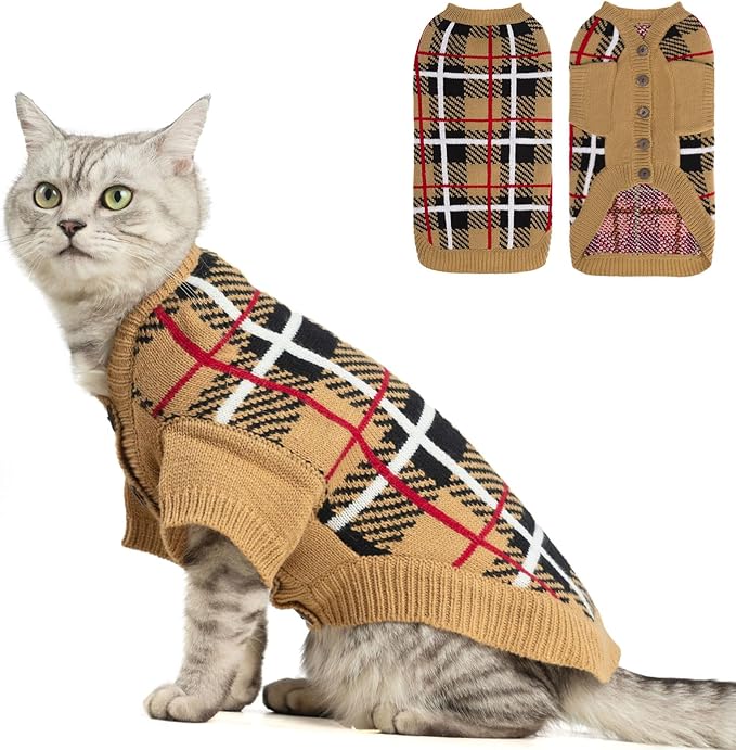 EXPAWLORER Cat Sweater Cardigan - Stylish Knit Cat Clothes, Plaid British Style Soft Puppy Sweater with Sleeve, Warm Pet Clothing Knitwear, Fall Winter Kitten Coat for Girl Boy Cats, Beige L