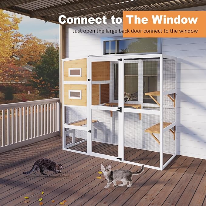 Large Indoor Cat Catio, 4 Tier Outdoor Cat Enclosures House for Cats with Waterroof Roof, 3 Resting Rooms, 3 Platforms, Cats Catio Connect to Window with 2 Large Door, Feral Pet Shelter, White