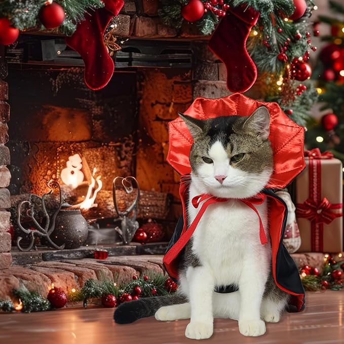 ROSAUI Halloween Pet Vampire Cape – Adjustable Red & Black Costume for Cats & Small Dogs 15.74″ Spooky Cloak with Stand-Up Collar Funny Halloween Pet Outfit (S Size)