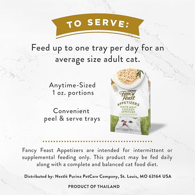 Fancy Feast Purina Appetizers Grain Free Wet Cat Food Complement White Meat Chicken Appetizer in a Savory Tuna Broth Cat Food Topper - 1.1 oz. Trays,(Pack of 20)
