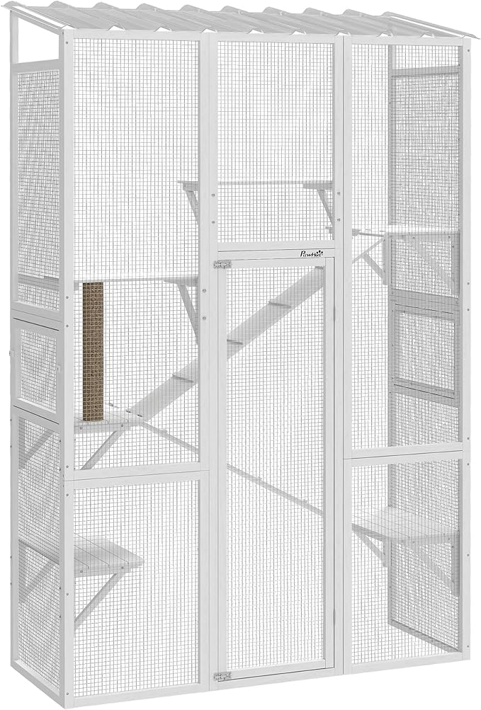PawHut Outdoor Catio Cat Enclosure, Large Wooden Cat House with 6 Jumping Platforms, Scratching Post, 2 Ramps, Waterproof Roof, Kitty Cage Window Access for 2-3 Kittens, 99" H, White