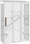 PawHut Outdoor Catio Cat Enclosure, Large Wooden Cat House with 6 Jumping Platforms, Scratching Post, 2 Ramps, Waterproof Roof, Kitty Cage Window Access for 2-3 Kittens, 99" H, White