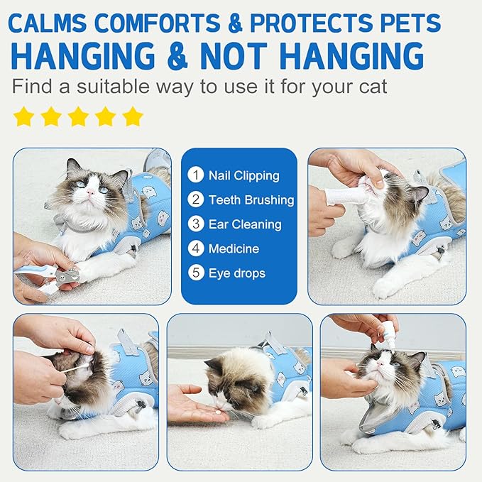Supet Cat Grooming Hammock Harness for Nail Trimming, Cat Grooming Hanging Sling for Nail Clipping, Pet Restraint Holder for Cutting Nails, Medicine, Ear & Teeth Cleaning, Eye Care (BlueCat L)