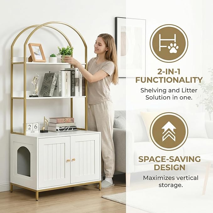 Homhedy Cat Litter Box Enclosure, Litter Box Furniture Hidden with 2-Tier Storage Shelves, Wooden Cat Washroom Furniture with Metal Frame, Modern Style, White and Gold