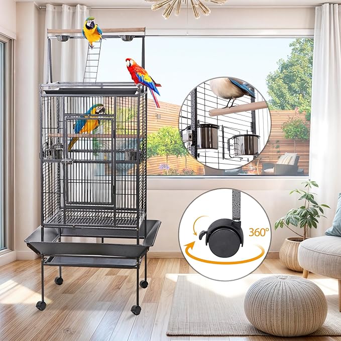 HSM 68 Inch Wrought Iron Large Bird Flight Cage with Rolling Stand for African Grey Parrot Cockatiel Sun Parakeet Conure Lovebird