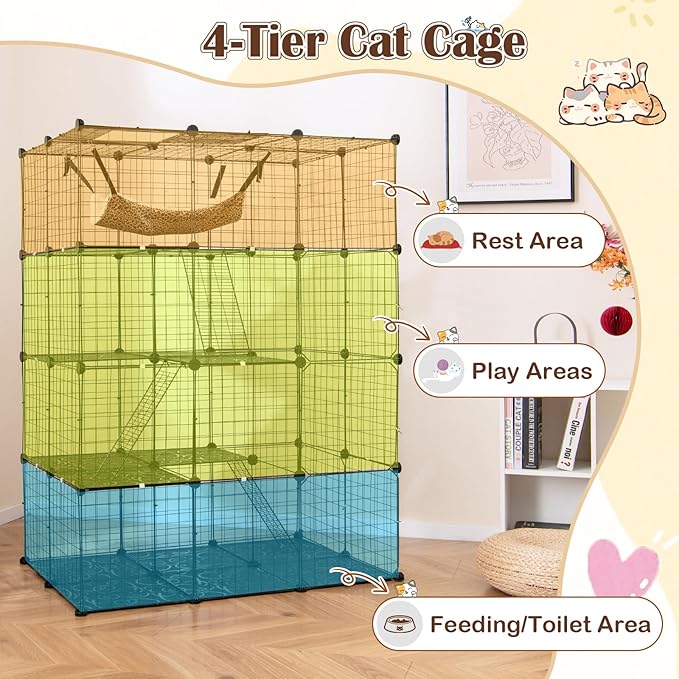 Tangkula Cat Cages Indoor, 56" Large 4-Tier Cat Enclosure with Skylight, Hammock, 3 Ladders, Detachable Metal Wire Kennel with 4 Lockable Doors, DIY Cat Crate & Pet Playpen Catio for 1-4 Cats