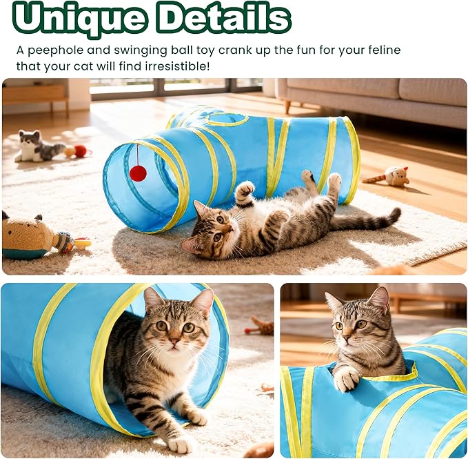 Love’s Cabin Cat Tunnel for Indoor Cats, 3-Way Collapsible Play Tunnel with Teaser Wand, Peek Holes & Toy Ball, Small Pet Toy for Kittens & Rabbits, Blue & Yellow, Small Size