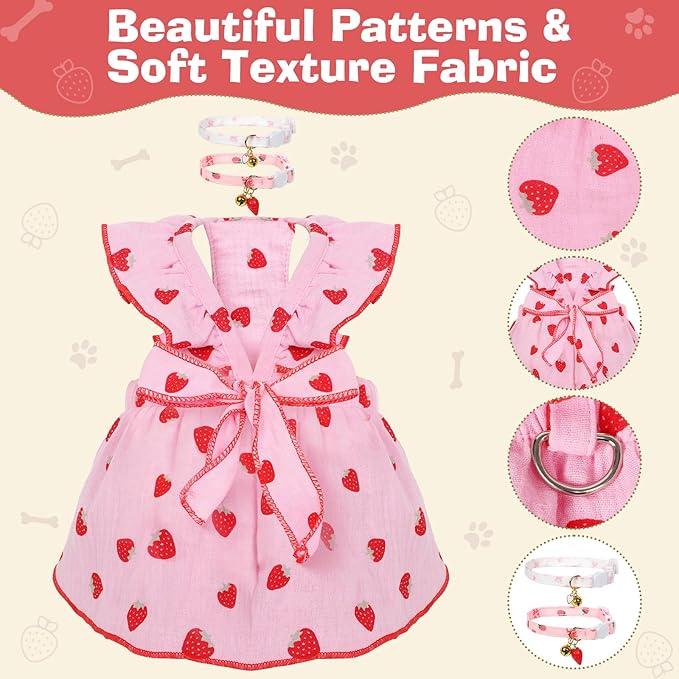 2-Piecs Cotton Detachable Pet Cat Dog Collar with Strawberry Pendant and Bell + 1-Piece Small Dog Cat Dress, Girl's Cat Costume, Cute Bow-Decorated Outfit, Strawberry Print Pet Birthday Set (Large)