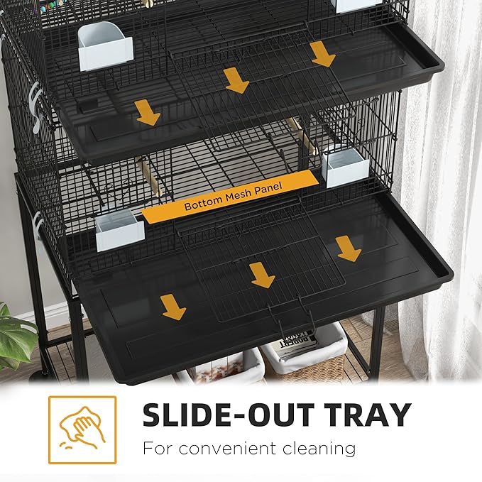 PawHut Double Stackable Bird Cage with Stand, Wooden Swing, Rope Ladder & Wheels for Canaries, Lovebirds Finches, Budgie Cage with Storage Shelf, Removable Tray, Wooden Perches & Food Containers