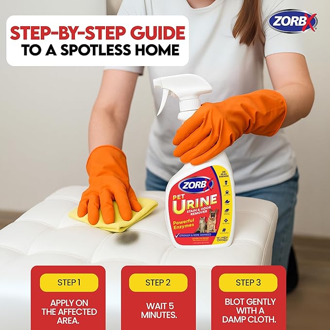ZORBX Pet Urine Stain and Odor Remover Spray 24 FL Oz - Dog, Cat Urine Enzyme Odor Destroyer - Perfect Solution for Unpleasant Urine Odor and Stain Remover - Hardwood Floors & Carpet Cleaner
