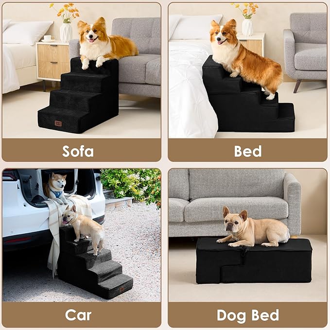 EHEYCIGA Dog Stairs for High Bed 22.5" H, 5-Step Dog Steps for Bed, Pet Steps for Small Dogs and Cats, Non-Slip Balanced Pet Ramp Indoor, Black