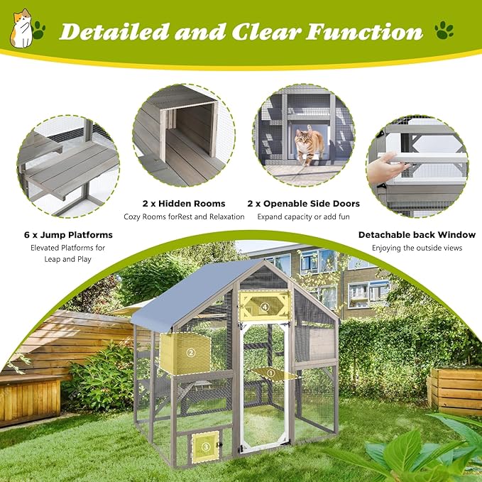 PetsCosset Cat Catio Outdoor Enclosure Outside Patio Large Catio House for Indoor 2-3 Cats Weatherproof Wooden Walk in Kitty Kennel Cage,Versatile Use for House's Window,Pet Doors, Tunnel - 71" H