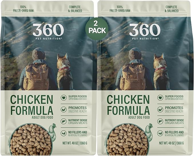 360 Pet Nutrition Freeze-Dried Raw Dog Food – Chicken Recipe with Liver & Organs, High Protein, Omega-3s, Fruits, Veggies & Superfoods, Grain-Free, No Filler 2 x 48 oz Made in USA
