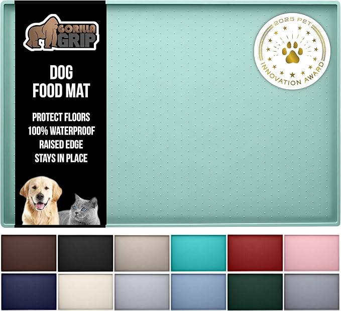 GORILLA GRIP 100% Waterproof Raised Edge BPA Free Silicone Pet Feeding Mat, Dog Cat Food Mats Contain Spills Protects Floors, Placemats for Cats and Dogs Water Bowl, Pets Accessories 32x24 Mint