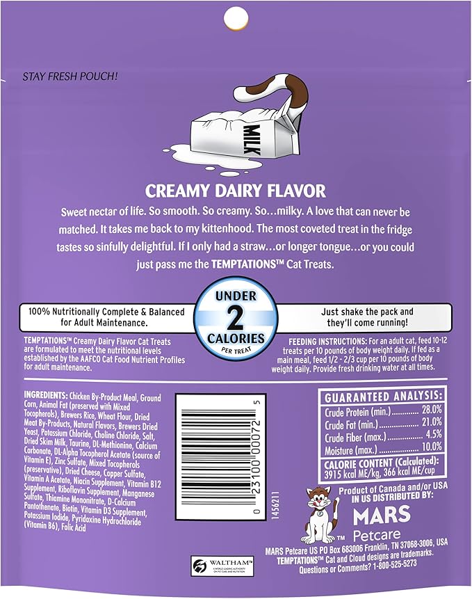 Temptations Cat Treats, Classic Crunchy and Soft Cat Treats, Creamy Dairy Flavor, 6.3 oz. Pouch (Pack of 10)
