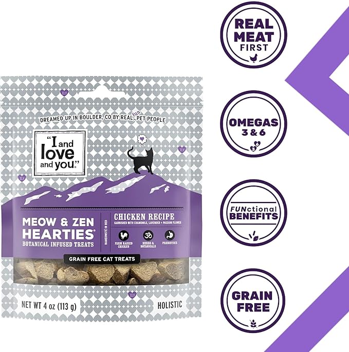 I AND LOVE AND YOU Meow & Zen Hearties Cat Treats - Chicken- Grain Free, Omega 3 & 6, Prebiotics, Filler Free, 4oz Bag (Pack of 2)