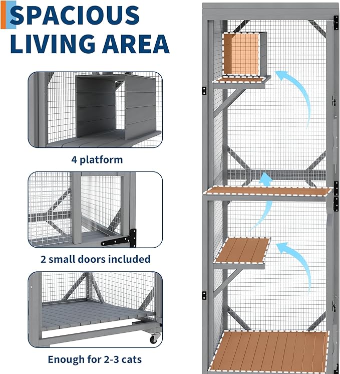 Outdoor Cats House with 4 Wheels, Walk-in Cat Cage, Catio Outdoor Enclosure Extra Large