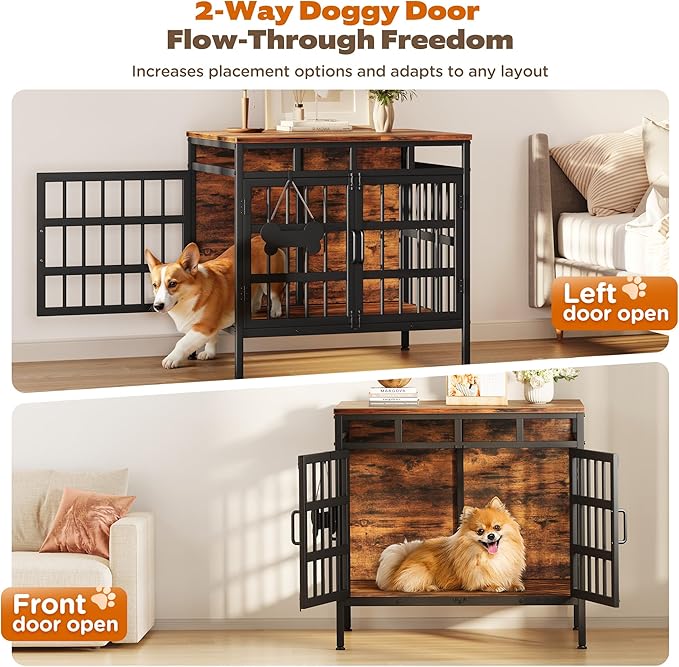 Dog Crate Furniture for Medium Dogs, Wooden Dog Kennel Furniture for Small Dogs, Double-Doors Sturdy Metal Dog Cage for Anxiety Dog, Anti Escape Wooden Cage with Name Tag End Table, TV Stand Brown