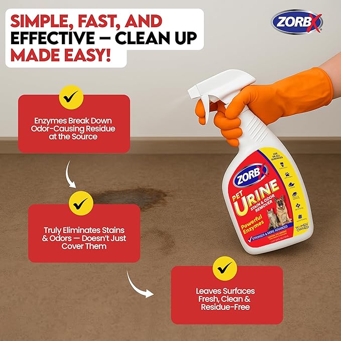 ZORBX Pet Urine Stain and Odor Remover Spray 24 FL Oz - Dog, Cat Urine Enzyme Odor Destroyer - Perfect Solution for Unpleasant Urine Odor and Stain Remover - Hardwood Floors & Carpet Cleaner