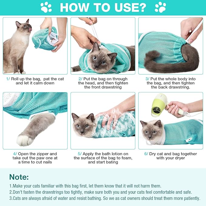Cat Shower Net Bag Grooming Bathing Adjustable Washing Bag Multifunctional Cat Restraint Accessories Prevent Biting Scratching, Nail Trimming, Ears Clean, Keeping Calm(Green)