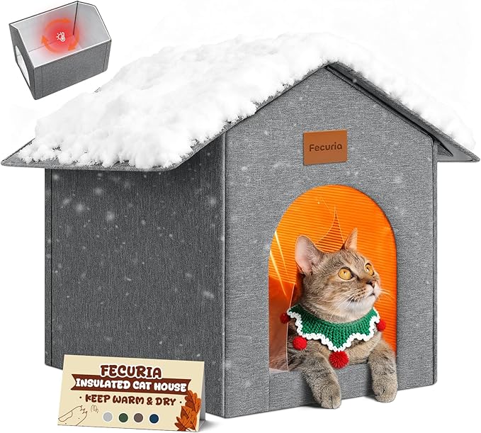 Insulated Outdoor Cat House Weatherproof, Winter Cat Dog Houses for Outdoor Cats with Heated-Foil, Waterproof Feral Stray Cat Shelter with Door Curtain and Warm Mat, Easy to Assemble, Grey